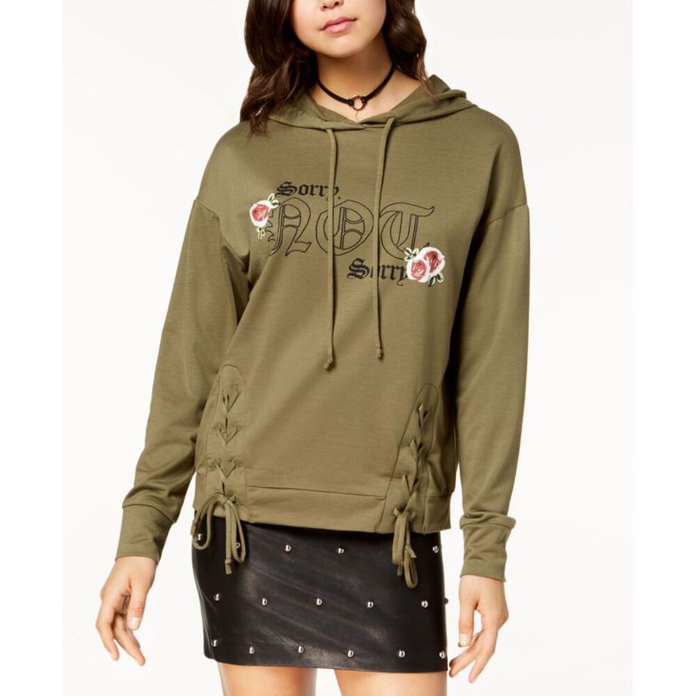 Pretty Rebellious Juniors Lace Up Graphic Hoodie